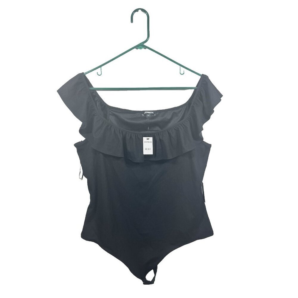 NWT‎ Express Women's Ribbed Fitted Off Shoulder Ruffle Bodysuit In Black Size XL